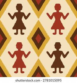 Batik seamless pattern featuring traditional Indonesian tribal figures and geometric diamond shapes ideal for textiles or backgrounds