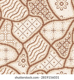Batik Sekar Jagad Patchwork Seamless Pattern Sienna Brown Line Art Cream Parang Kawung Floral Indonesian Traditional Textile Vector