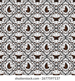 Batik Sidomukti padrão sem emenda. Tradicional vintage preto borboleta marrom e garuda fundo pássaro. bom para tecido, design de moda, têxtil, papel de parede, papel de embalagem.