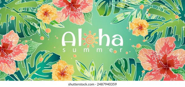 Batik style aloha summer banner decorated with hibiscus flowers and tropical leaves on green background. Template for fashion ads, horizontal poster, graphic print, website and social media