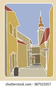 Batik style old street. Vector stock illustration