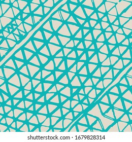 Batik Tie Dye Border. Stencil Japan Background. Teal and Beige Shibori Seamless Pattern. Tie Dye Abstract Texture. Organic Minimal Grid. Watercolor Shoji Design. Kimono Tile. 