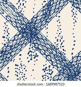 Batik Tie Dye Border. Stencil Japan Background. Organic Minimal Grid. Watercolor Shoji Design. Kimono Tile.  Navy Blue and Beige Shibori Seamless Pattern. Tie Dye Abstract Texture.