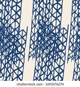 Borde de tintes Batik Tie. Antecedentes en Japón.Cuadrícula mínima orgánica. Diseño Shoji acuarela. Kimono Tile. Patrón sin problemas de Shibori. Textura abstracta de tinte. Azul y beige de la marina