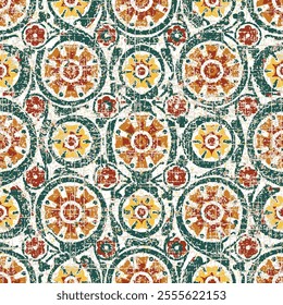 Batik tie dye texture repeat modern pattern, Detail of Portuguese glazed tiles.Seamless ornamental vector pattern on orange yellow background.