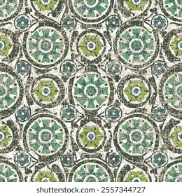 Batik tie dye texture repeat modern pattern, Detail of Portuguese glazed tiles.Seamless ornamental vector pattern on green background.