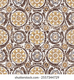 Batik tie dye texture repeat modern pattern, Detail of Portuguese glazed tiles.Seamless ornamental vector pattern on brown and yellow background.
