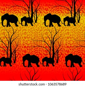 Batik tiger pattern with cute animal, Elephants. The elephant's baby with mother. A walk in the savannah, Vector flat background. Can be used for textile, website background, book cover, packaging