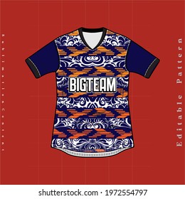 batik vintage strip pattern Fabric textile pattern design for soccer jersey football, e-sport or sport uniform. sumblimation pattern ready to print. Front view t-shirt mockup template design.