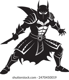 Batman wearing Samurai   armour action poseside view black vector silhouette isolated on white background black 