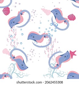Batomorphi sea life, fish, animals bright seamless pattern. sea travel, snorkeling with animals, tropical fish