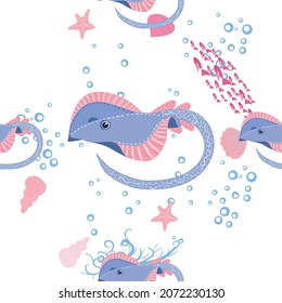 Batomorphi sea life, fish, animals bright seamless pattern. sea travel, snorkeling with animals, tropical fish