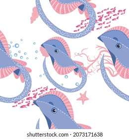 Batomorphi sea life, fish, animals bright seamless pattern. sea travel, snorkeling with animals, tropical fish