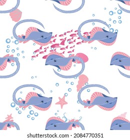 Batomorphi sea life, fish, animals bright seamless pattern. sea travel, snorkeling with animals, tropical fish