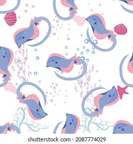 Batomorphi sea life, fish, animals bright seamless pattern. sea travel, snorkeling with animals, tropical fish