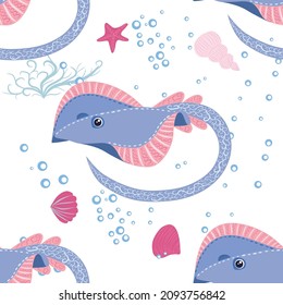 Batomorphi sea life, fish, animals bright seamless pattern. sea travel, snorkeling with animals, tropical fish