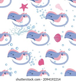 Batomorphi sea life, fish, animals bright seamless pattern. sea travel, snorkeling with animals, tropical fish