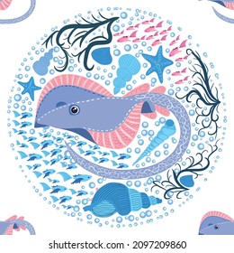 Batomorphi sea life, fish, animals bright seamless pattern. sea travel, snorkeling with animals, tropical fish