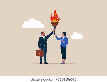 Baton pass torch to successor. Change CEO to achieve goal and win business competition. Flat vector illustration