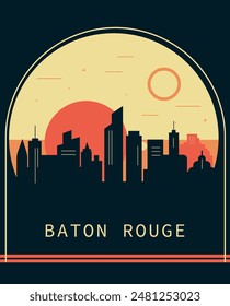 Baton Rouge city retro style poster with skyline, cityscape. USA Louisiana state vintage vector illustration. US front cover, brochure, flyer, leaflet template, layout image