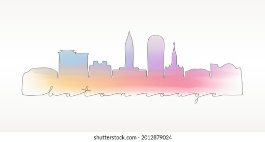 Baton Rouge, LA, USA Skyline Watercolor City Illustration. Famous Buildings Silhouette Hand Drawn Doodle Art. Vector Landmark Sketch Drawing.