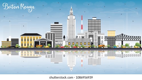 Baton Rouge Louisiana City Skyline with Color Buildings, Blue Sky and Reflections. Vector Illustration. Travel and Tourism Concept with Modern Architecture. Baton Rouge USA Cityscape with Landmarks.