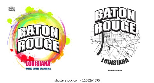 Baton Rouge, Louisiana, logo design. Two in one vector arts. Big logo with vintage letters with nice colored background and one-color-version with map for every possible print production.