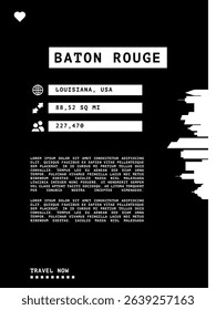 Baton Rouge, Louisiana vector infographics, brochure black and white layout. Guide, leaflet, flyer, graphic template with text, information, skyline contour. Page, festival, cover mock up image