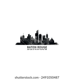 Baton Rouge panorama, vector badge, skyline logo and icon. USA, Louisiana state city horizon logotype with landmarks and building silhouettes. Isolated foggy abstract gradient graphic