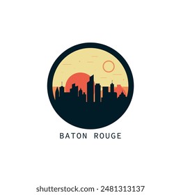 Baton Rouge skyline, downtown panorama logo, logotype. USA, Louisiana state round badge contour, isolated vector vintage pictogram with monuments, landmarks