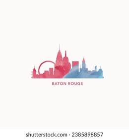 Baton Rouge US watercolor cityscape skyline city panorama vector flat modern logo icon. USA, Louisiana state of America emblem with landmarks and building silhouettes. Isolated blue graphic