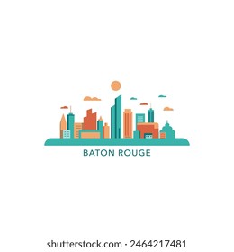 El horizonte de la ciudad de Estados Unidos de Baton Rouge y el logotipo retro de paisaje urbano. Panorama, EE.UU. Luisiana dibujo animado icono de estado con Lugares famosos, rascacielos, edificios. Estados Unidos de América gráfico aislado, plano de Vector