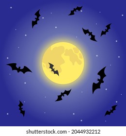 Bats against the background of a dark night sky with stars and a full moon. Halloween print. Vector illustration