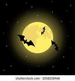 Bats against the background of a dark night black sky with stars and a full moon. Halloween print. Vector illustration