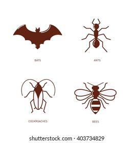 Bats, ants, cockroaches, bees simple vector illustration. Black white version.