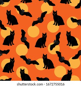 Bats and black cat pattern design. Bats and black cat background. Halloween pattern. Seamless halloween pattern with bats and black cats