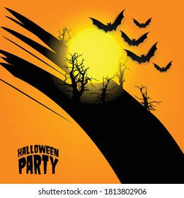 Bats and Brush Storke for Halloween Modern Background. Minimalist Creative Design Concept.