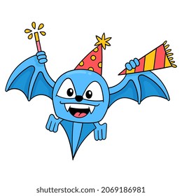 bats celebrating new year's party carrying fireworks and trumpets, vector illustration art. doodle icon image kawaii.