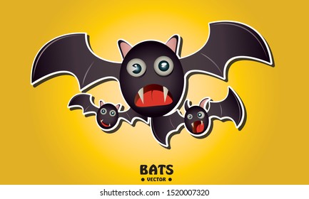 Bats character design on yellow background,Happy Halloween bats icon design,Bats cute vector,