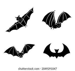 Bats clip art. Vector set of bats glyph icons isolated on white background. Doodle style.