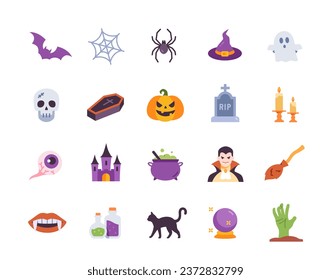 Bats, cobwebs, spiders, spider web and other scary colored simple style vector linear icons isolated on white background. Traditional Halloween colorful decorative elements for design decor