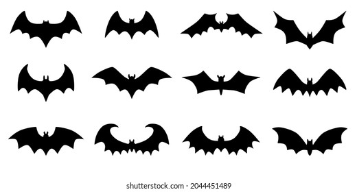 Bats collection isolated on white. Bats icons set. Black silhouettes of bats on a white background