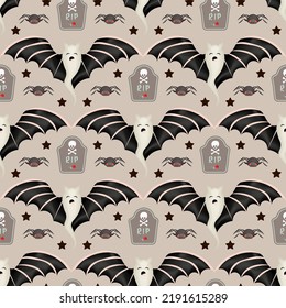 Bats Emotions, Seamless Pattern On Dark Background, Desktop Wallpaper, Halloween Vampires, Scary Faces. Halloween Wrapping Paper