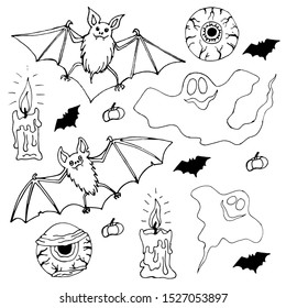 Bats, eyes of zombies, ghosts and candles. Set of Halloween objects. Isolated on white background.