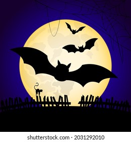 Bats flies at halloween night with a full moon.