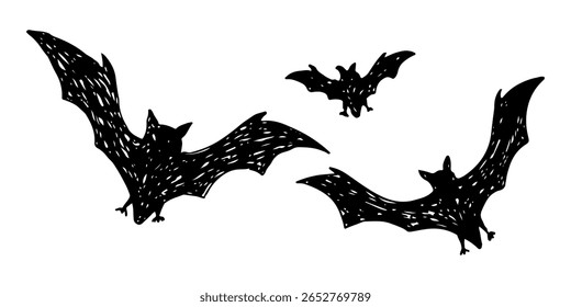 Bats in flight silhouette spooky hand drawn Halloween, horror element.