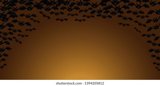 Bats. Flock of bats. Drawn bats on brown background for postcards or banner for Halloween. Creative Cartoon Vector graphic picture background. 