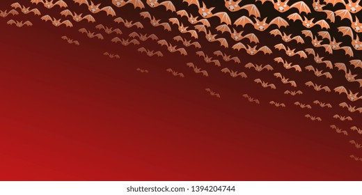 Bats. Flock of bats. Drawn bats on red background for postcards or banner for Halloween. Creative Cartoon Vector graphic picture background. 