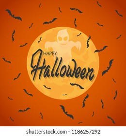 Bats fly against the full moon. On an orange background. Ghost and inscription. Halloween 10 eps