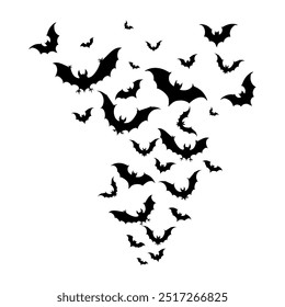 bats fly apart in the shape of a funnel. vector illustration of various silhouettes of bats isolated on a white background